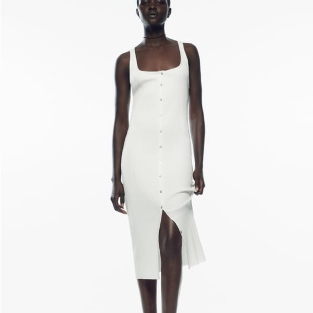 Zara White Ribbed Dress with Buttons size M